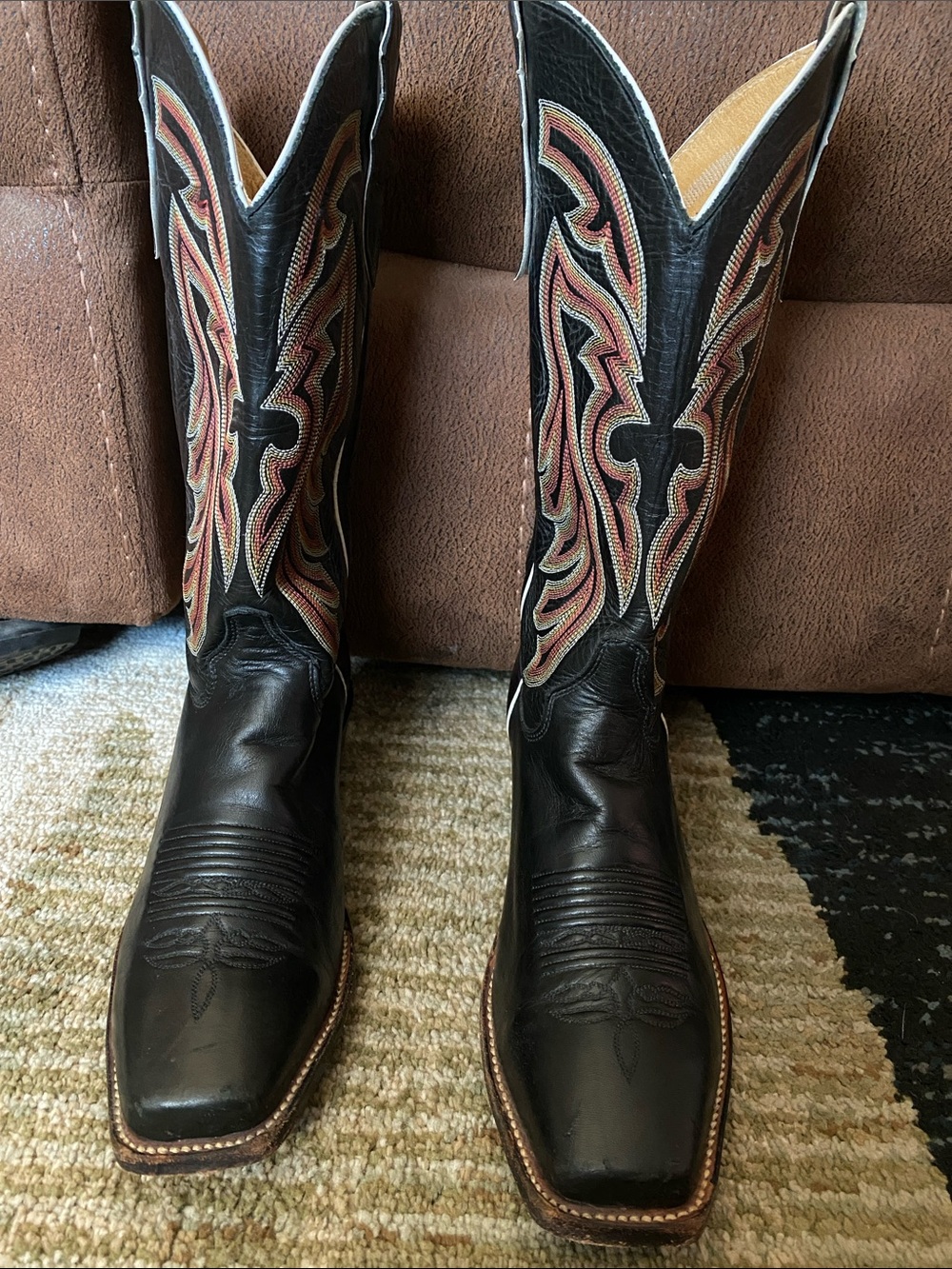 Men's Justin Black Leather Western Cowboy Boots with Multi-Color Stitching